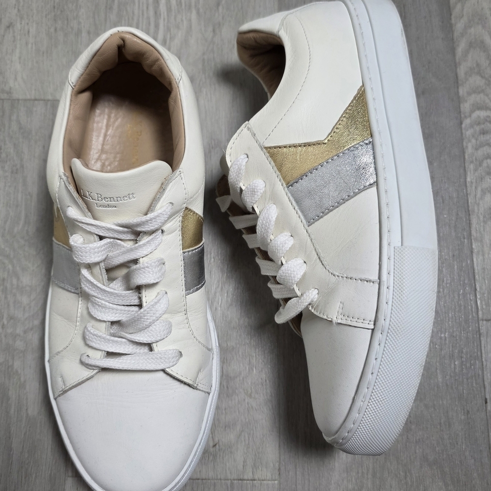 L.K. Bennett London White Leather Sneakers Gold Silver Detail Size 40 Women - Picture 2 of 9